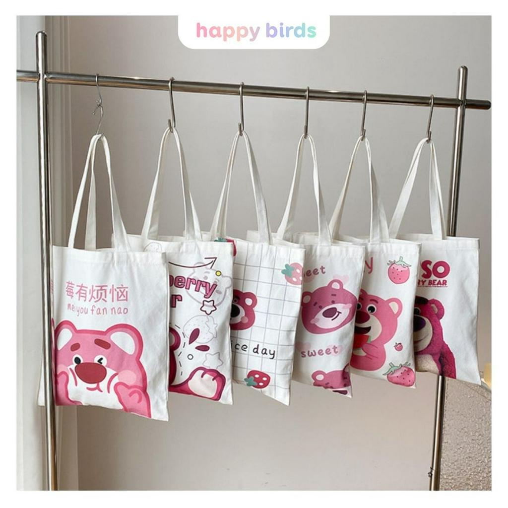 Túi tote vải canvas đeo vai hoạt hình gấu dâu vải bố canvas đựng đồ đi học thêm đi chơi phong cách Hàn Quốc HappyBirds