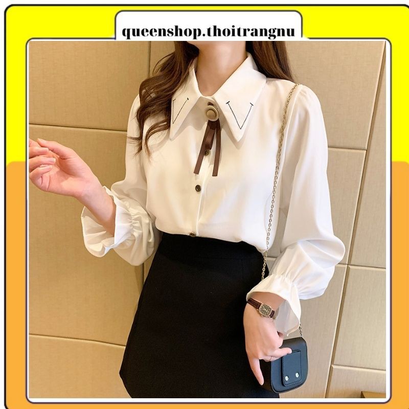 Sơ mi nữ cổ thêu viền tay bo chun kiểu dáng công sở chất vải đẹp không nhăn Queenshop