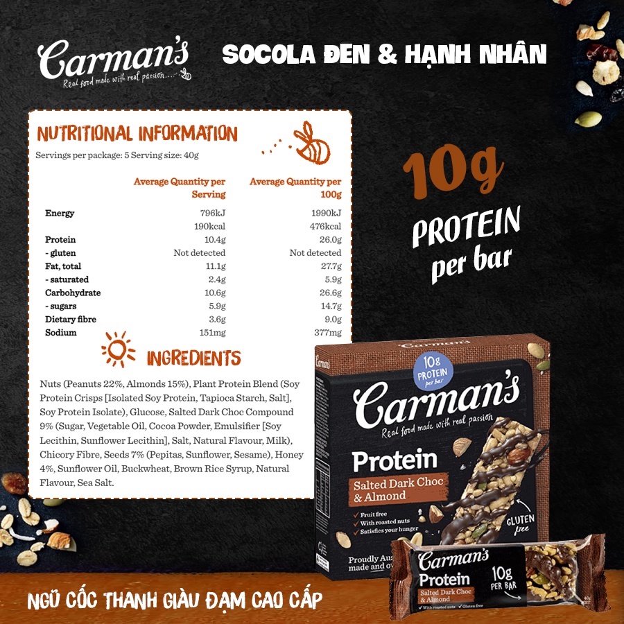 Thanh Protein Carman's Không Gluten Vị Socola Đen &amp; Hạnh Nhân - Gourmet Protein Bars Salted Dark Choc &amp; Almond - 5×40g