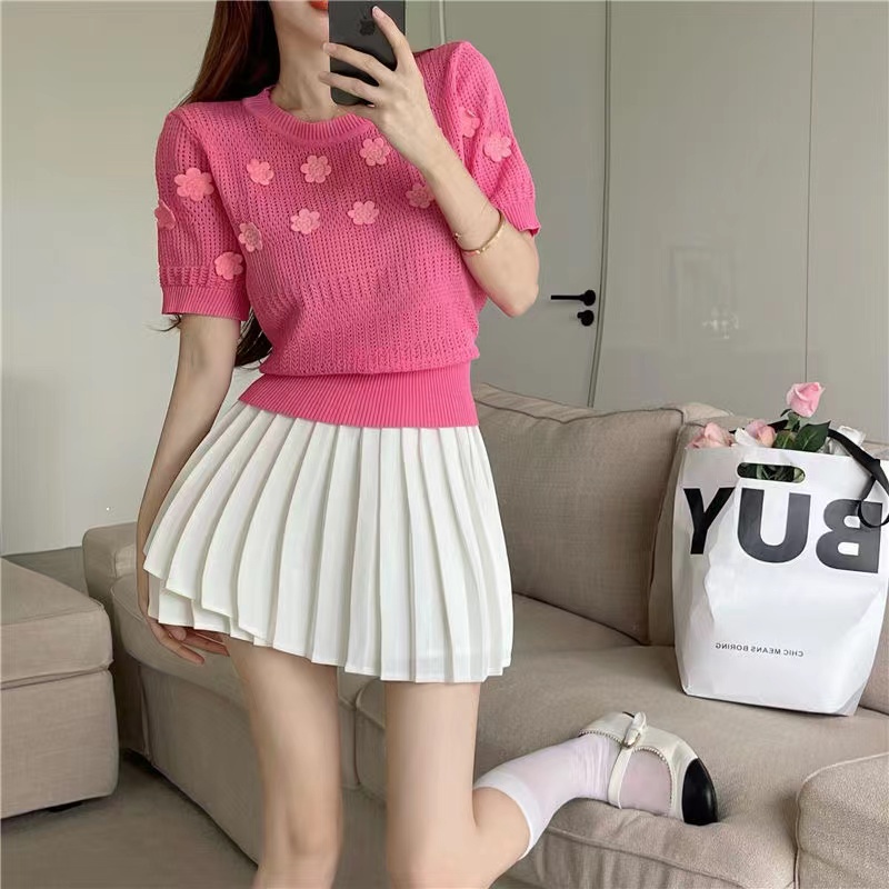 [Hana And Alice] Áo Thun Tay Ngắn Phồng Họa Tiết Hoa Dễ Phối Đồ Thời Trang Cho Nữ
