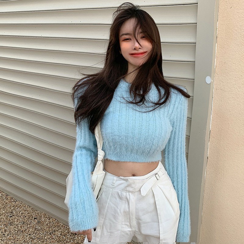 Áo Croptop Vải Lông Dệt Kim Mềm Mại Tay Dài Cổ Tròn Thời Trang Mùa Thu Cho Nữ