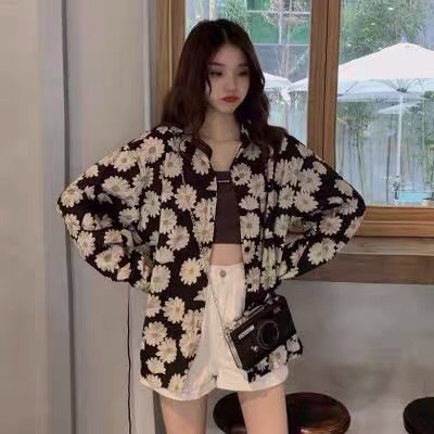 ÁO SƠ MI LOANG HOA CÚC DÀI TAY FORM RỘNG HOT - ÁO POLO CỔ BẺ HOA LÁ NỀN ĐEN ULZZANG VINTAGE
