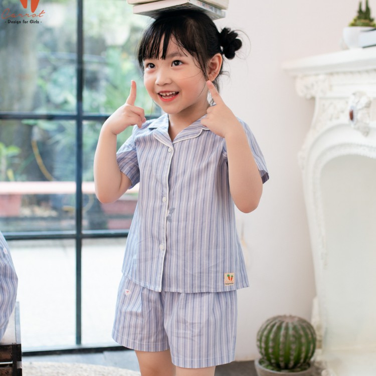 Bộ đồ bé gái CARROT, họa tiết kẻ sọc kiểu dáng pyjama và yukata, chất thô cotton thoáng mát thấm hút mồ hôi tốt