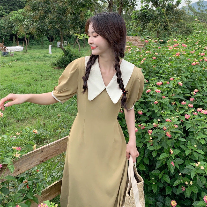 Đầm Tay Phồng Cổ Bẻ Màu Sắc Tương Phản Phong Cách Hàn Quốc Thời Trang Mùa Hè Xinh Xắn Cho Nữ