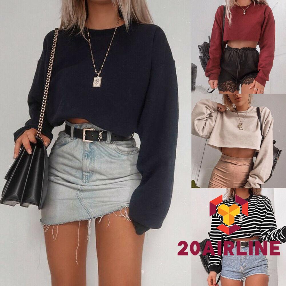 Áo sweater croptop tay dài cổ tròn dáng rộng kẻ sọc màu trơn thời trang xuân thu cho nữ