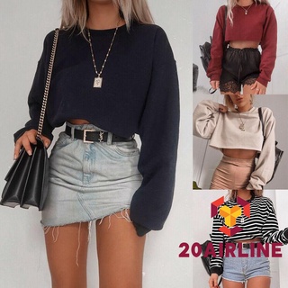 Áo sweater croptop tay dài cổ tròn dáng rộng kẻ sọc/ màu trơn thời trang xuân thu cho nữ