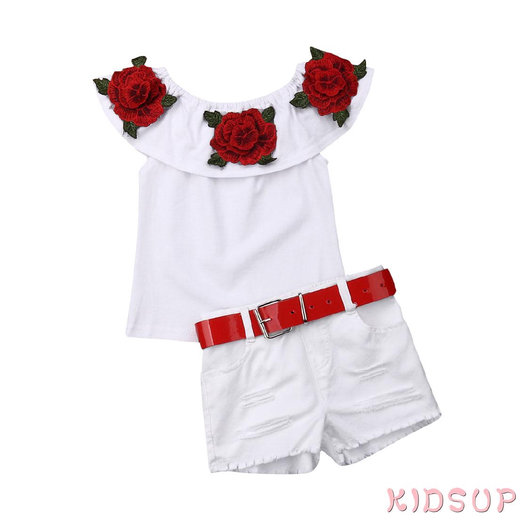 Set áo hoa trễ vai nhún bèo + quần short denim phối rách hợp thời trang mùa hè cho bé gái