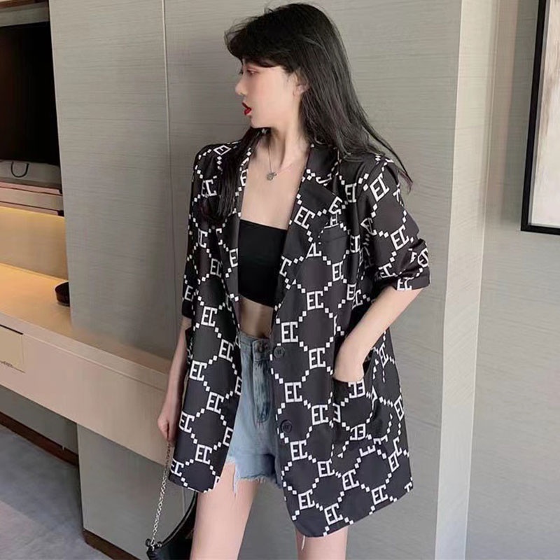 Áo khoác blazer YEYA dáng rộng in họa tiết độc đáo thời trang cho nữ