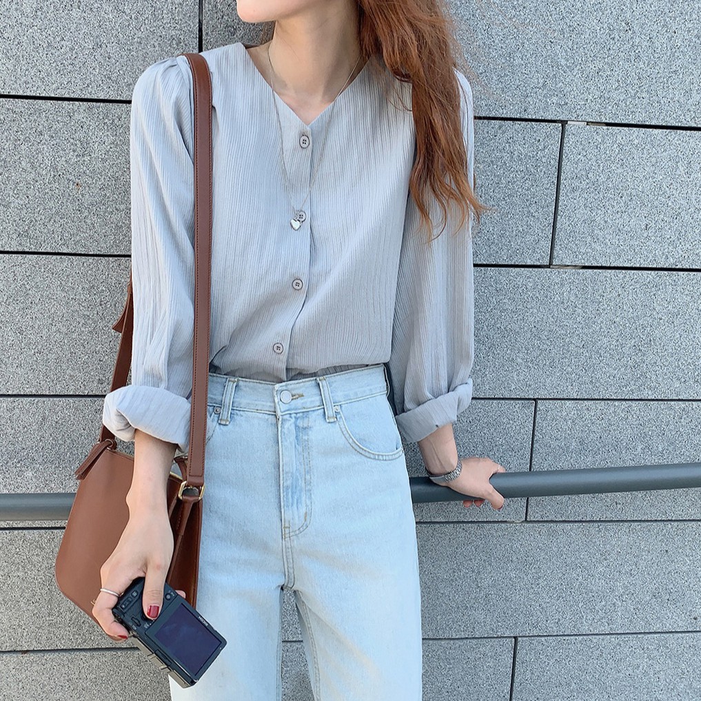 Áo tay dài cổ V màu trơn đơn giản thanh lịch cho nữ 35480