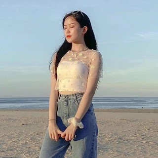 [hàng sẵn] SET ÁO CROPTOP HOA CÚC LƯỚI KIỂU DÁNG ÁO REN LƯỚI CHIFON HOA CÚC ĐEN TRẮNG