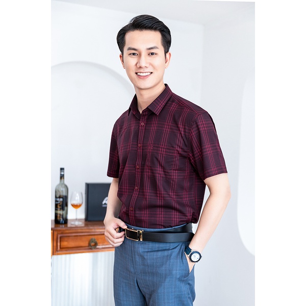 Áo Sơ Mi Nam Công Sở Trung Niên Anton Somianton Đỏ Đô Dài Tay Họa Tiết Kẻ Caro Vải Sợi Tre - AC123