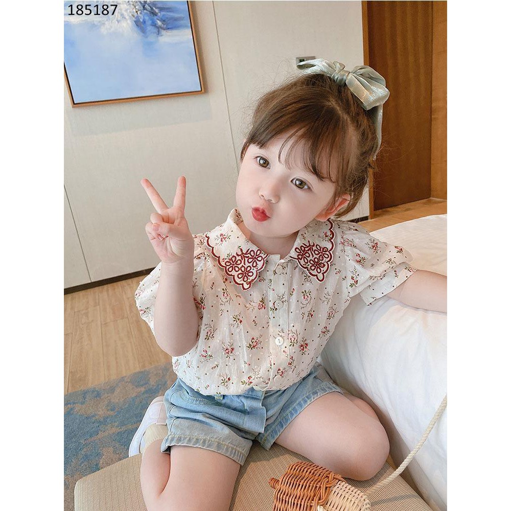 [Rẻ nhất shopee] Áo sơ mi cổ ren chất mềm phối hoa phong cách vintage điệu đà cho bé gái (hàng Quảng châu bảo đổi trả)