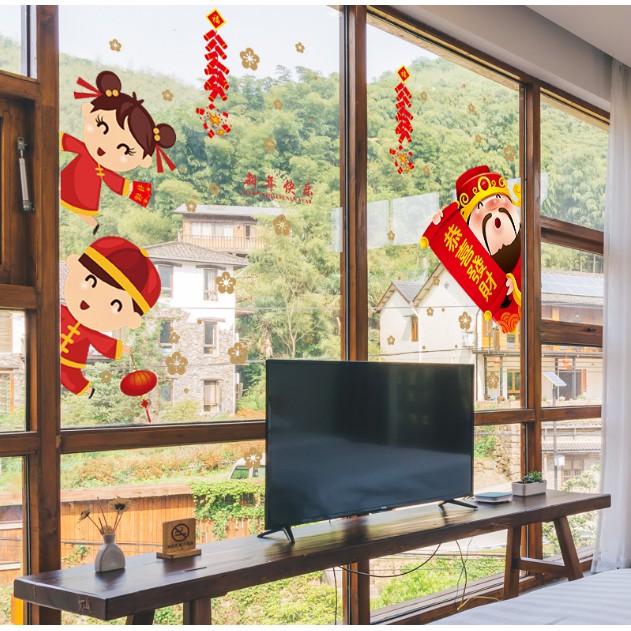 Decal trang trí Tết - Thần Tài và các bạn chào Tết
