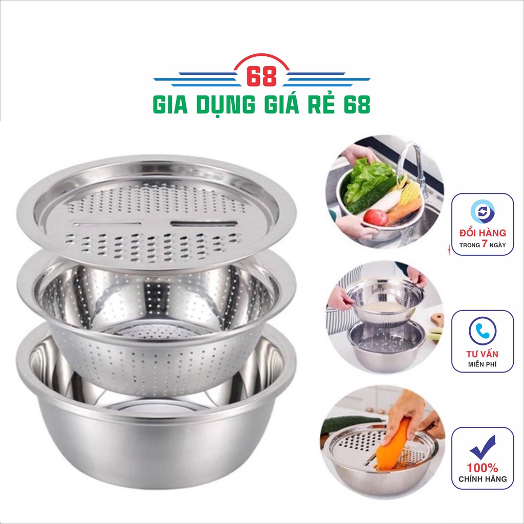 Rổ nạo rau củ kiêm rổ và chậu inox cao cấp đa năng,tiện lợi dùng nhà bếp