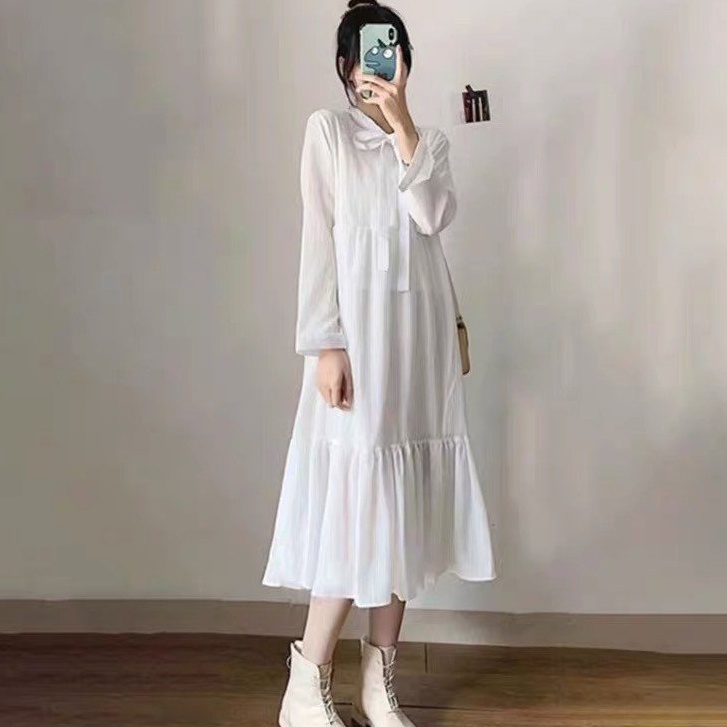 Váy dài cổ thắt nơ đen ,trắng nữ - Đầm suông dài tay 3 tầng ,2 lớp tiểu thư oversize - Chất bông cotton sang xịn mịn