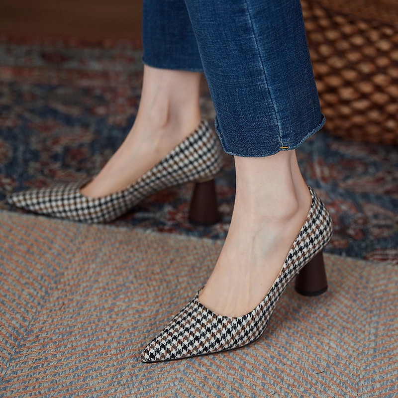 Giày cao gót IELGY mũi nhọn họa tiết houndstooth thời trang retro Pháp màu sắc cho nữ