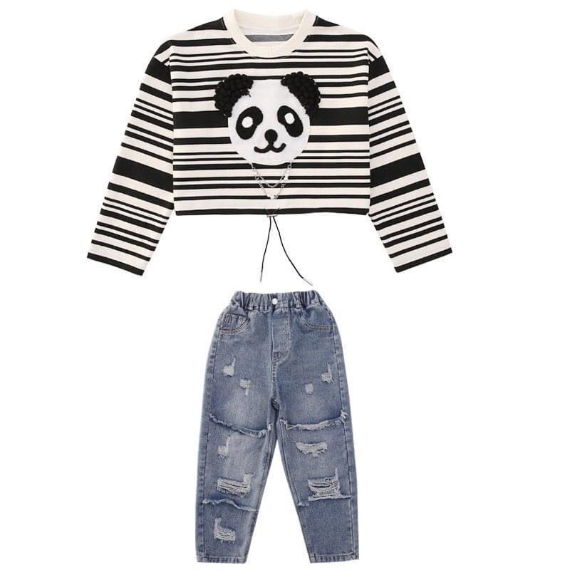 Set áo cotton in tràn thêu mặt gấu quần jean rách bé gái