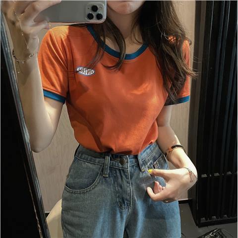 Áo Thun Cotton Tay Ngắn Hở Vai Phối Màu Tương Phản Thời Trang Hàn Quốc 2022 Cho Nữ