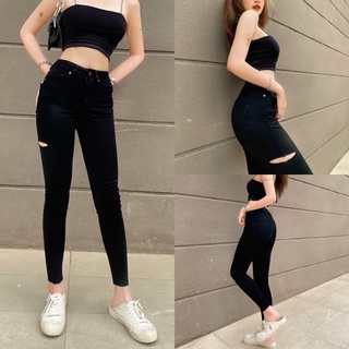 Quần Jean Nữ Skinny Đen Rách Ngang Đùi Lưng Cao co giãn thoải mái phom 9 tấc phong cách sành điệu