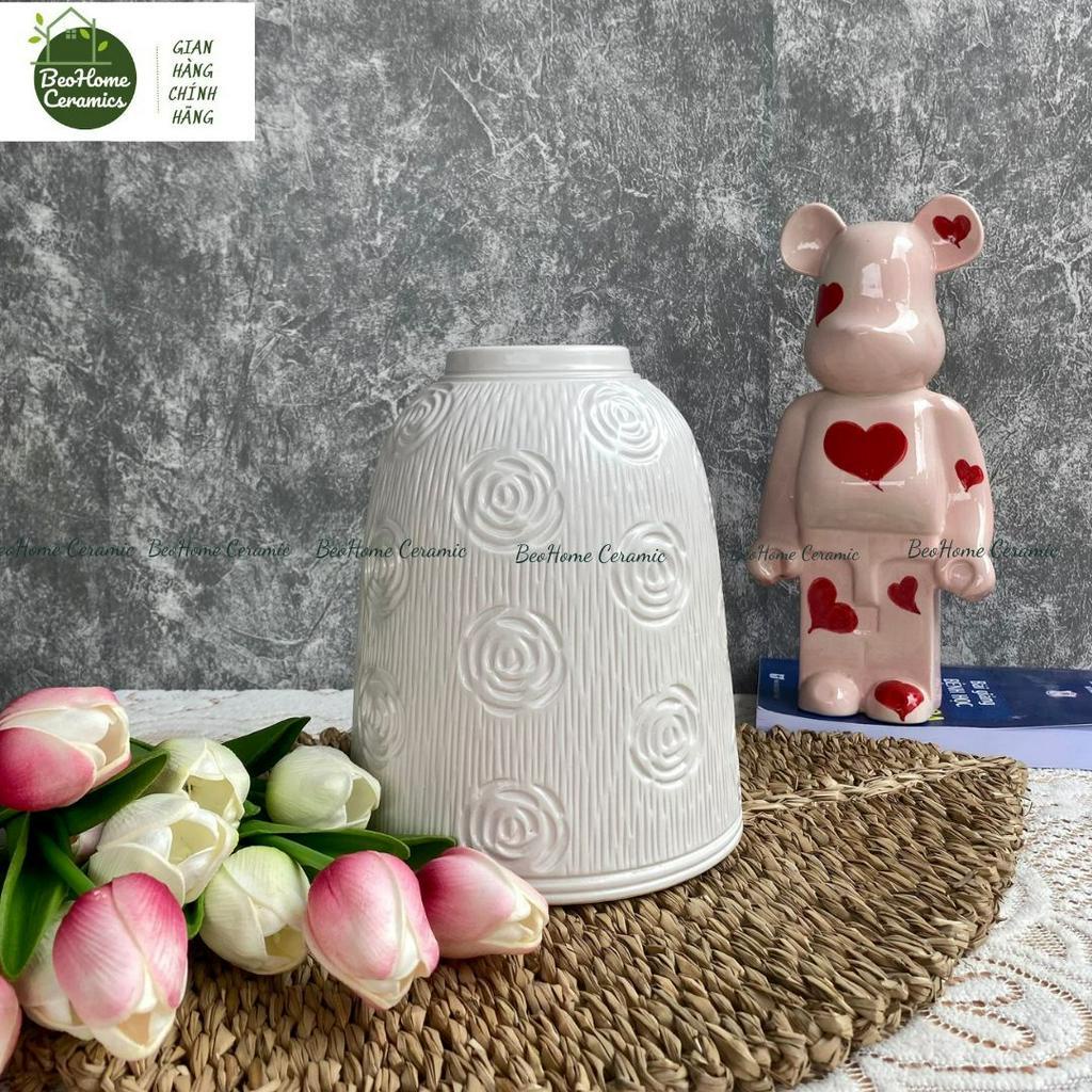 Bình hoa lọ hoa dáng chuông khắc hoa hồng Thủ công gốm sứ Bát tràng