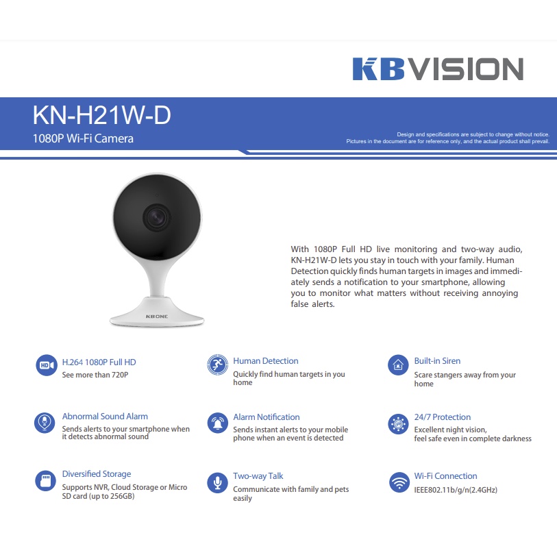 Camera IP Wifi (Kbvision) Kbone KN-H21W 2.0MP - Thông Minh - Chính Hãng - Cố Định Không Xoay Như HN-H41P Và HN-H21P.