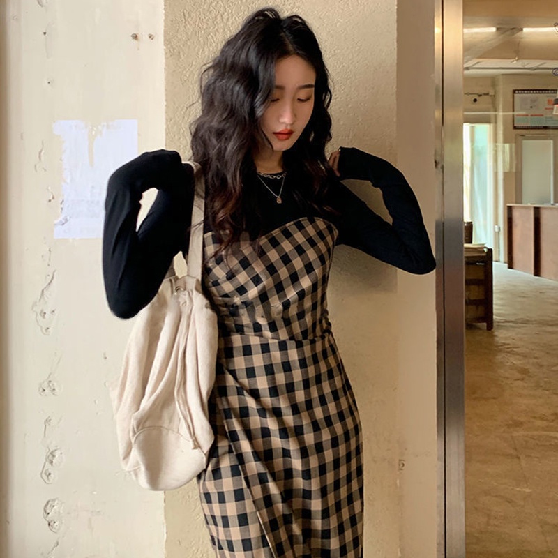 Đầm IELGY dài tay họa tiết sọc caro thiết kế xẻ tà thời trang retro Pháp