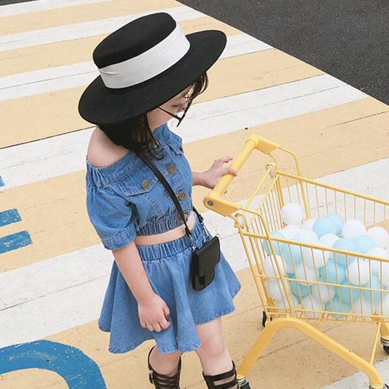 Set Áo Sơ Mi Denim Ngắn Tay + Chân Váy Xòe Dễ Thương Cho Bé Gái