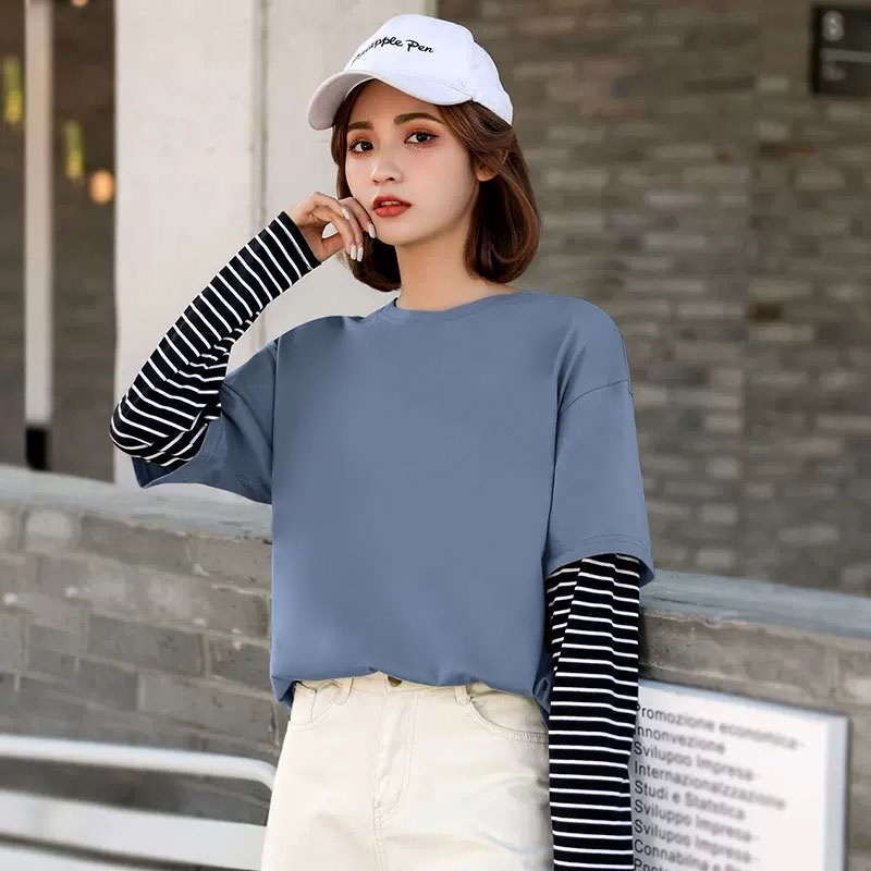 Áo Thun Giả Hai Lớp Tay Dài Cổ Tròn Dáng Rộng plus size Phong Cách Hàn Quốc