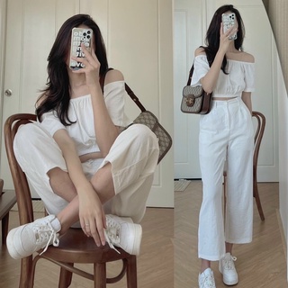 Set áo bẹt vai bo chun + quần suông trắng