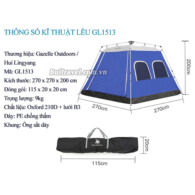 Lều dã ngoại tự bung dành cho 5-8 người Gazelle Outdoors GL1513- Lều du lịch tự bung cỡ lớn- Family Travel