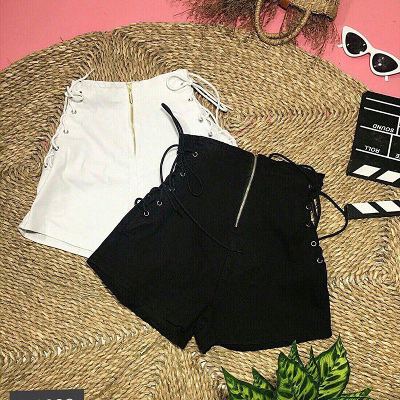 Quần Shorts kaki lưng cao dây kéo xỏ dây sang chảnh