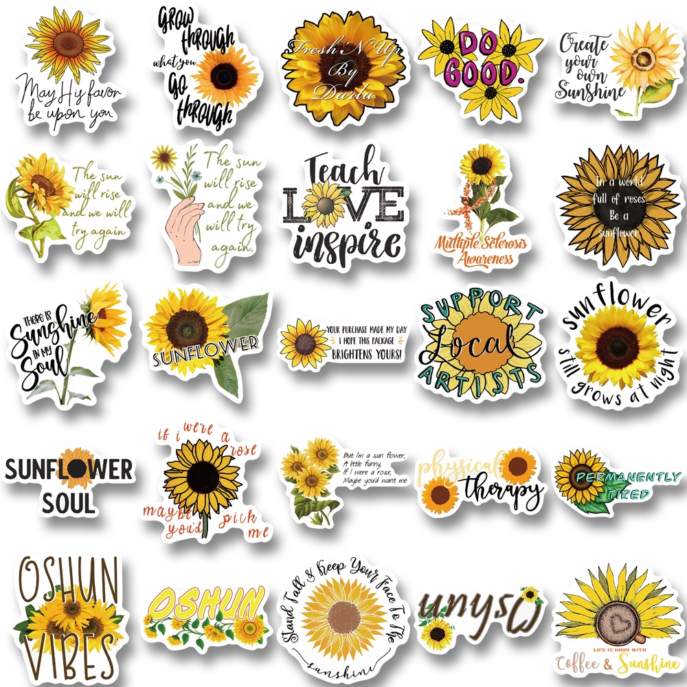 Bộ 50 Miếng Dán Trang Trí Laptop Chống Thấm Nước Hình Hoa Hướng Dương Hoạt Hình