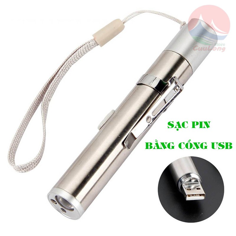 Đèn Pin Đa Năng Kiêm Laser Siêu Sáng Soi Tiền Giả, Có Sạc Pin, Chất Liệu Thép Không Gỉ Bỏ Túi