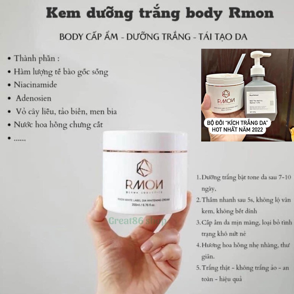 Kem body great86 kem dưỡng trắng da body RMON dưỡng ẩm, nâng tone da trắng hồng tự nhiên, xuất xứ Hàn Quốc hộp 200ml | BigBuy360 - bigbuy360.vn