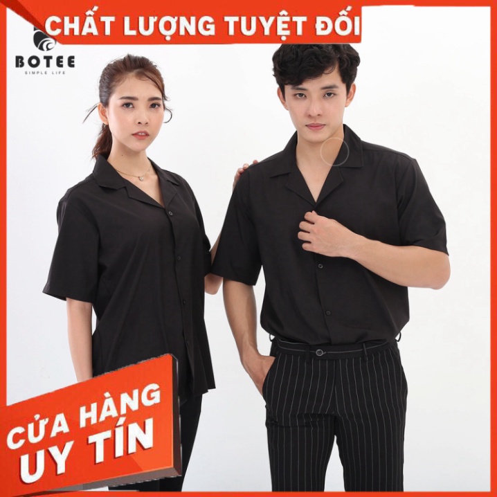 Áo sơ mi Đen Cổ Vest ngắn tay form rộng unisex nam nữ vải lụa - Hàng nhập khẩu
