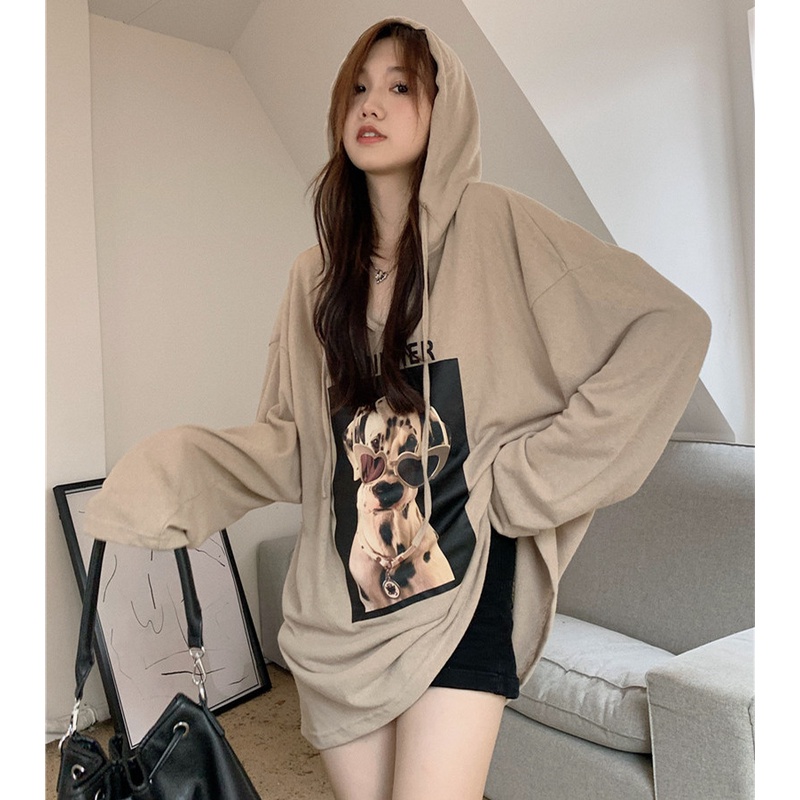 Áo Thun Hoodie Tay Dài Dáng Rộng In Hình Thời Trang Mùa Thu