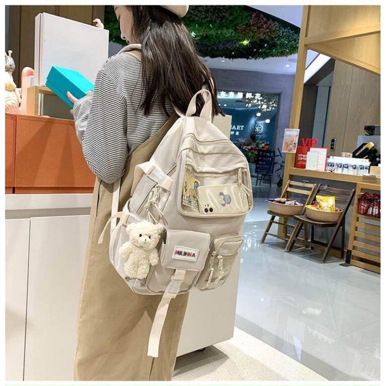 Balô học sinh QCL1 chất vải Canvas kèm móc thú và stickers