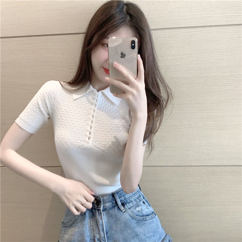 Áo thun polo ZHELIHANGFEI ngắn tay dáng ôm vải lụa lạnh đính nút ngọc trai thời trang cho nữ