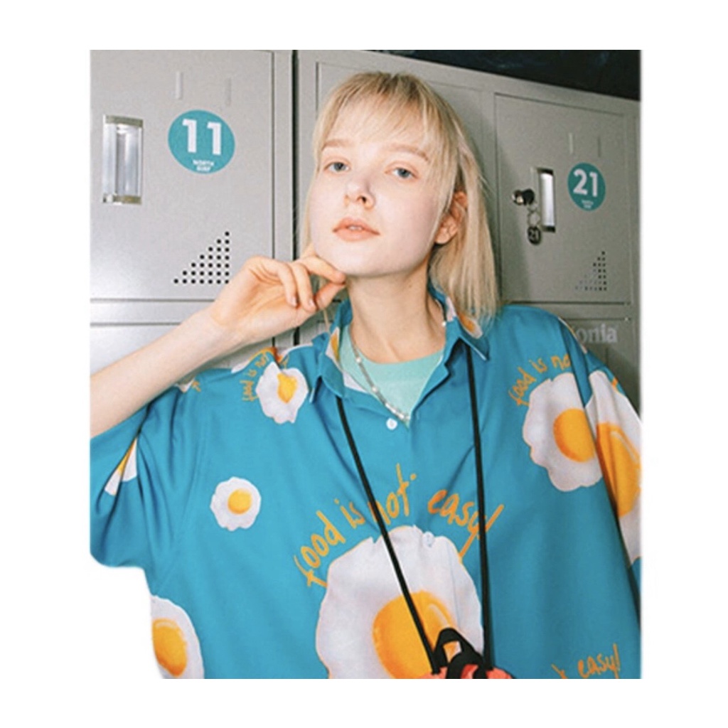 Áo sơ mi họa tiết MEANSTORE nam nữ tay lỡ Oversize form rộng ulzzang cổ pizama không nhăn dáng suông - Xanh mint foood
