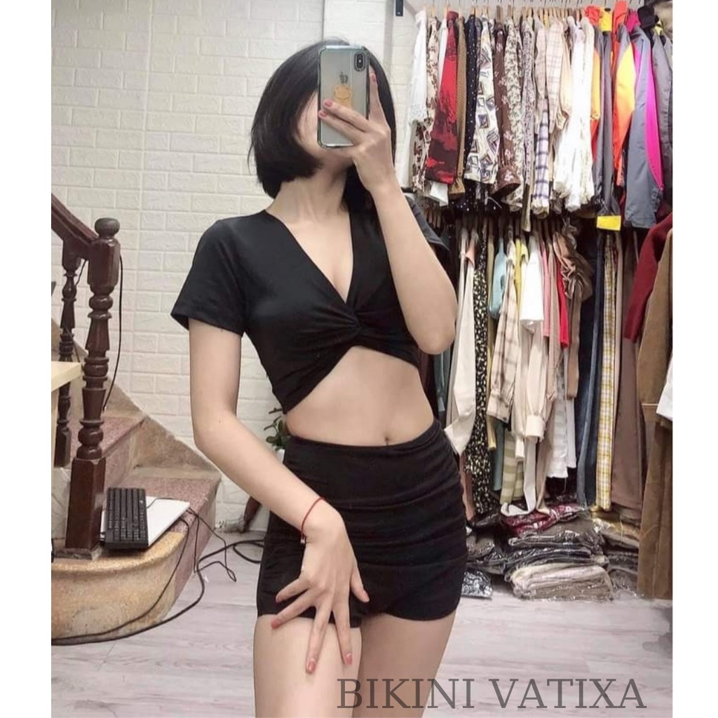 Bikini, Đồ Bơi Đi Biển Hai Mảnh Xoắn Ngực Nhiều Màu, Quần Đùi Cạp Cao Áo Crop VATIXA BKN12