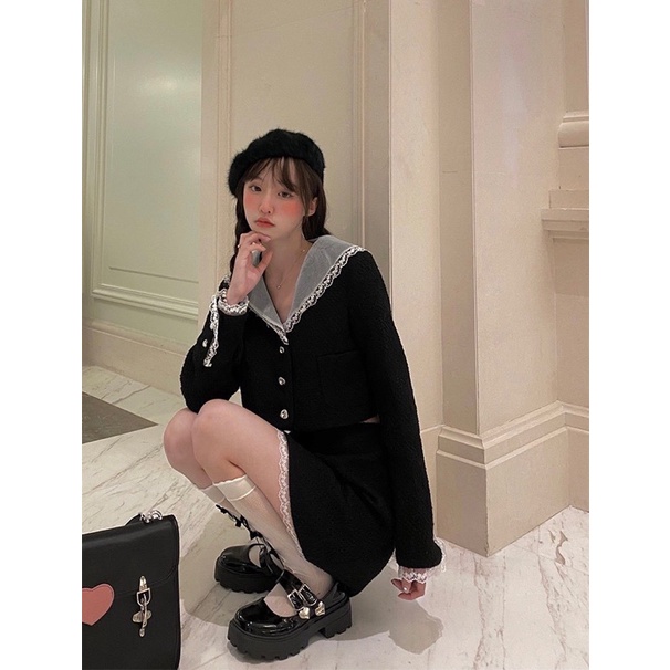 Set Dạ Đen Viền Ren Phong Cách Hàn Quốc Có Ảnh Thật Kèm Video
