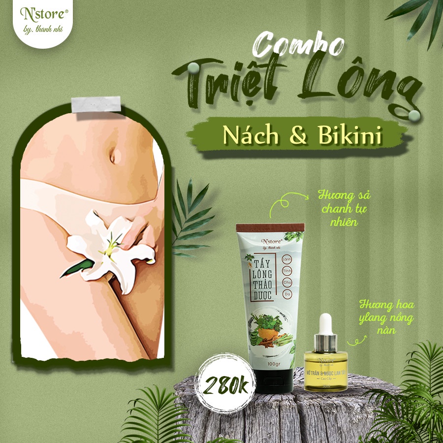 Combo Triệt Lông Nách,Bikini Kem Tẩy Lông Thảo Dược N'store 100gr &amp; Mỡ Trăn Ngọc Lan Tây N'store 30ml