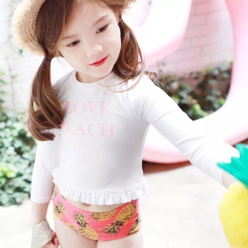 Bộ đồ bơi tay dài bé gái LOVE PEACH croptop quần cạp cao siêu kute