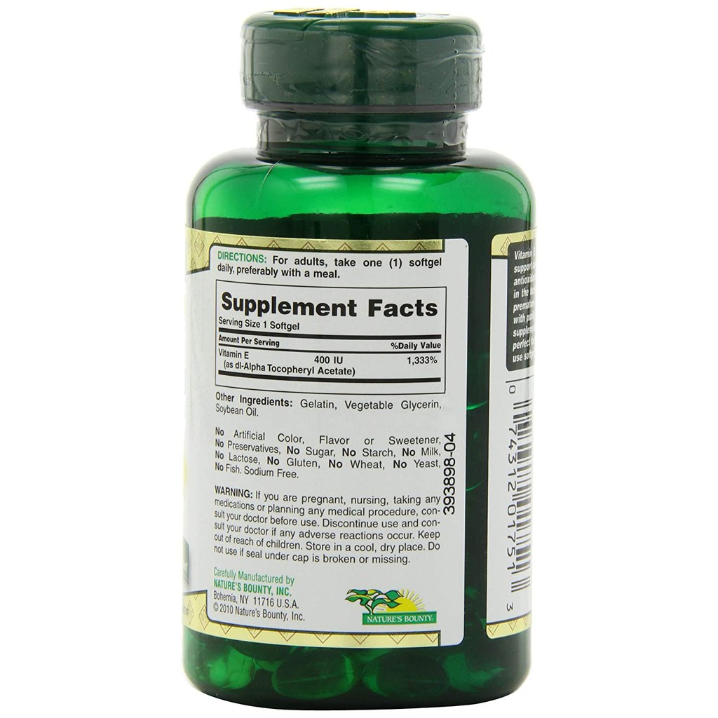 [Bill Mỹ] Hộp Nature's Bounty Vitamin E 180mg- Giúp đẹp da, ngăn lão hóa (120v)
