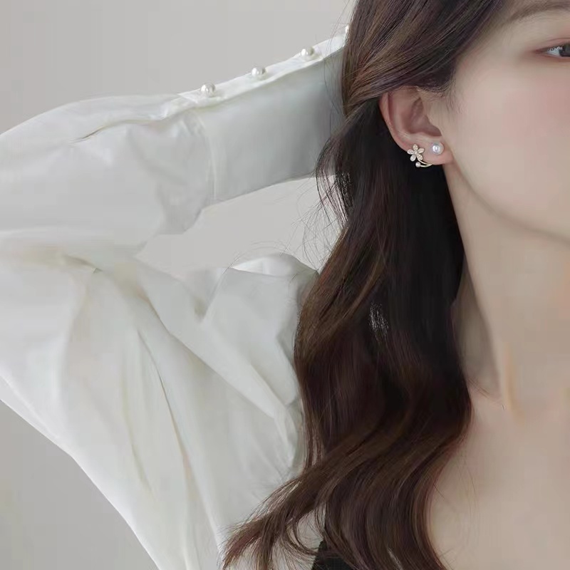 Bông Tai Hình Hoa Mạ Bạc 925 Đính Ngọc Trai Sang Trọng Phong Cách Hàn Quốc 2022