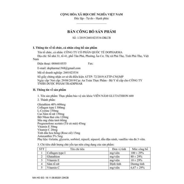 Viên Uống Glutathione 600 Dr Lacir Sạch Nám Trắng Da