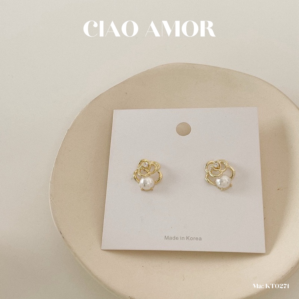 KT0271-Khuyên tai nữ, Bông tai tròn bạc 925 hoa đính ngọc trắng dưới Trang sức Ciao Amor
