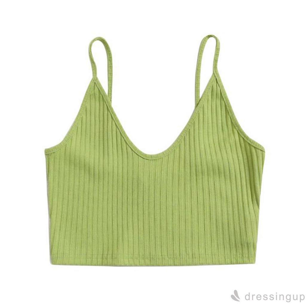DRESSINGUP-Áo Dáng Ngắn Hai Dây Hở Lưng Cổ Chữ V Màu Trơn Cá Tính Độc Đáo Cho Nữ