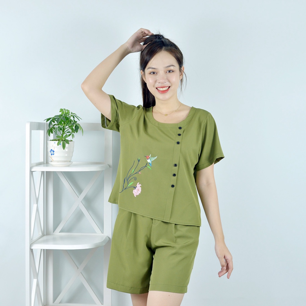 Bộ đồ nữ MÀU XANH RÊU IN HOA THÚ ĐIỂM NHẤN HÀNG NÚT   - vải lụa cao cấp - Cực Kì Sang Chảnh - Qúy phái
