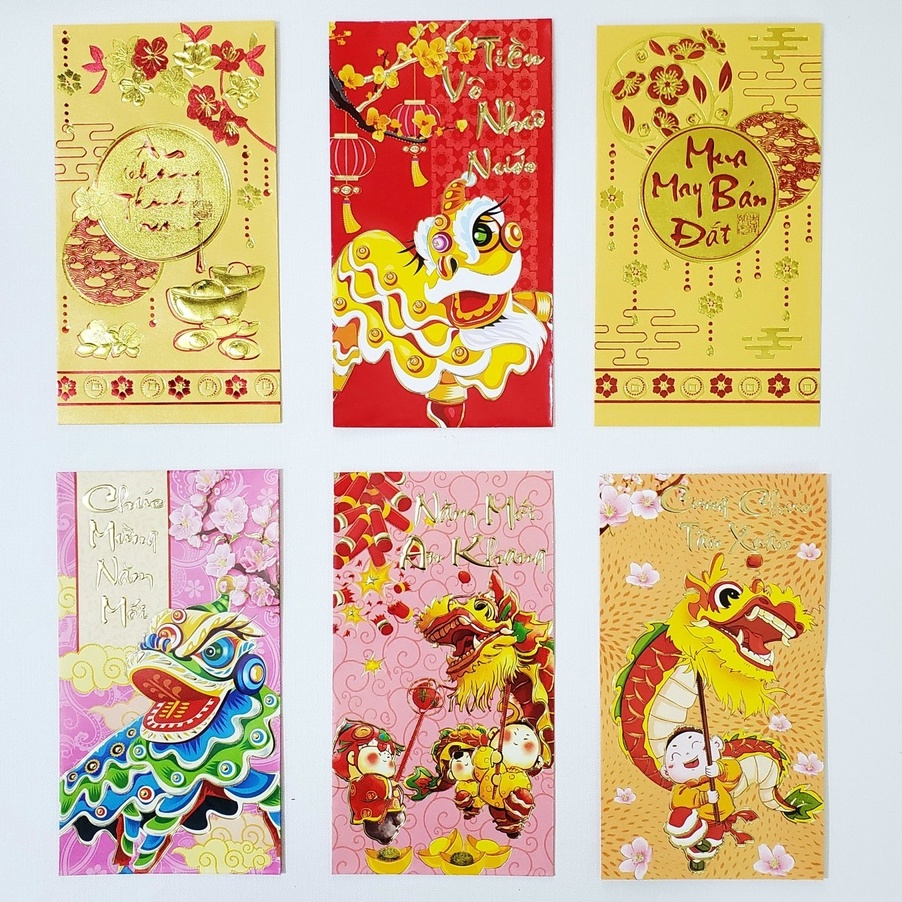Set 6 bao lì xì đỏ, vàng truyền thống (mẫu ngẫu nhiên)